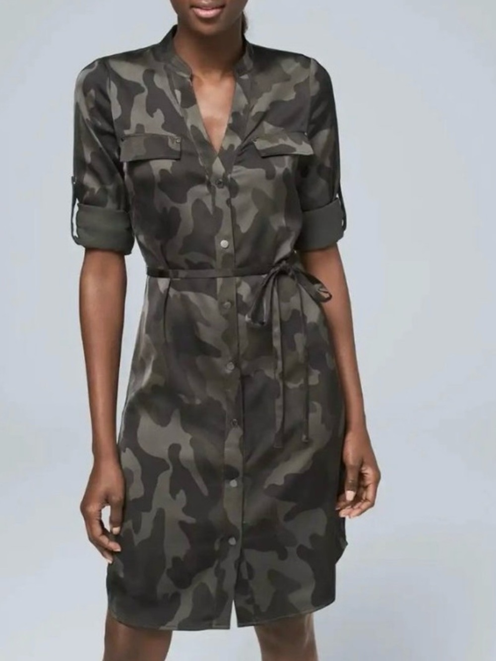 White House Black Market Camo Button Front Roll Tab Sleeve Satin Shirt Dress